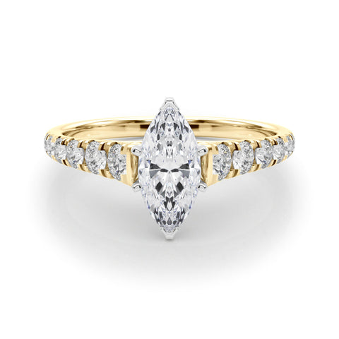 Yellow gold Marquise Cut Diamond Solitaire with Pave Band and Four-Prong Setting