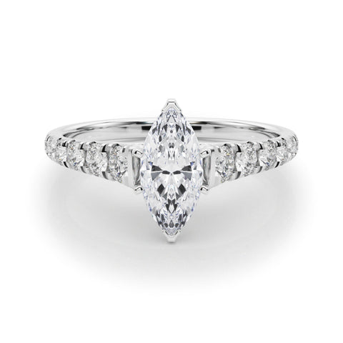 Silver Marquise Cut Diamond Solitaire with Pave Band and Four-Prong Setting