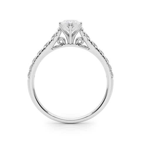 Silver Marquise Cut Diamond Solitaire with Pave Band and Four-Prong Setting