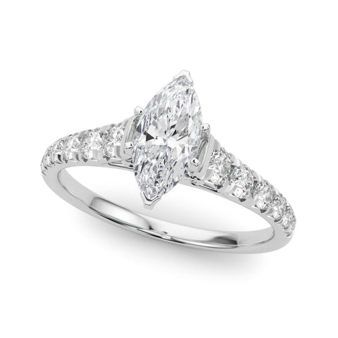 Silver Marquise Cut Diamond Solitaire with Pave Band and Four-Prong Setting