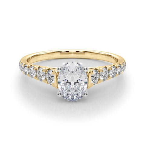 Yellow gold Oval Cut Diamond Solitaire with Pave Band and Four-Prong Setting