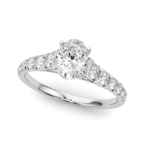 Silver Oval Cut Diamond Solitaire with Pave Band and Four-Prong Setting