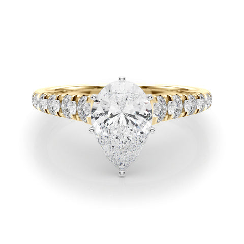 Yellow gold Pear Cut Diamond Solitaire with Pave Band and Four-Prong Setting