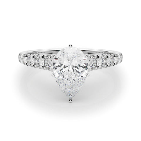 Silver Pear Cut Diamond Solitaire with Pave Band and Four-Prong Setting