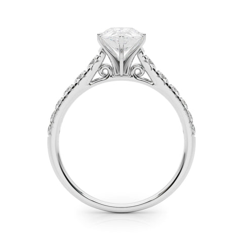 Silver Pear Cut Diamond Solitaire with Pave Band and Four-Prong Setting