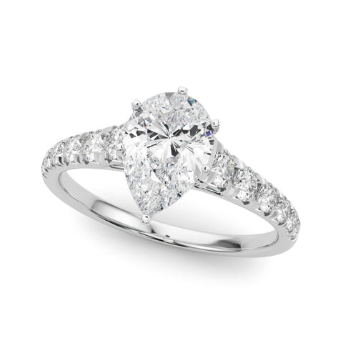 Silver Pear Cut Diamond Solitaire with Pave Band and Four-Prong Setting