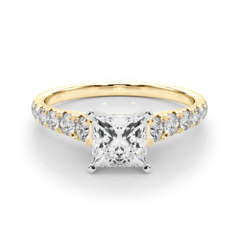 Yellow gold Princess Cut Diamond Solitaire with Pave Band and Four-Prong Setting