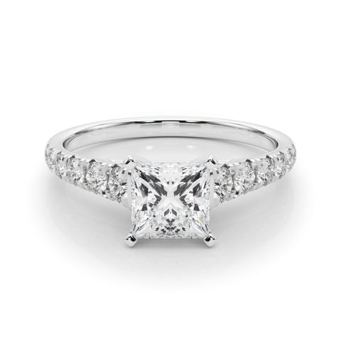 White gold Princess Cut Diamond Solitaire with Pave Band and Four-Prong Setting