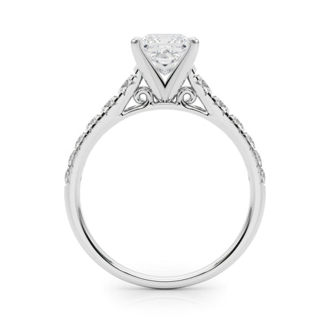 White gold Princess Cut Diamond Solitaire with Pave Band and Four-Prong Setting