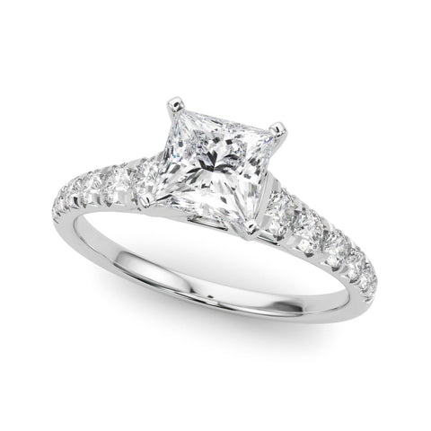 Silver Princess Cut Diamond Solitaire with Pave Band and Four-Prong Setting