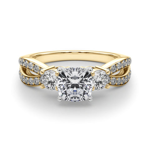 Yellow gold Three-Stone Cushion Cut Diamond Twist Band with Prong Setting