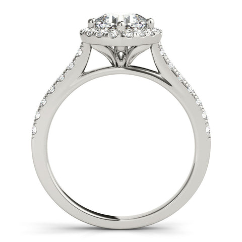 Platinum Cushion Halo Diamond Engagement Ring with Pave Band and Four-Prong Setting
