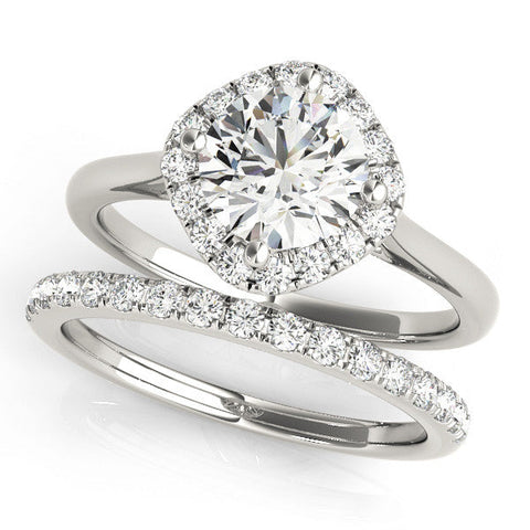 Platinum Cushion Halo Round Diamond Solitaire Engagement Ring with Pave Band and Four-Prong Setting