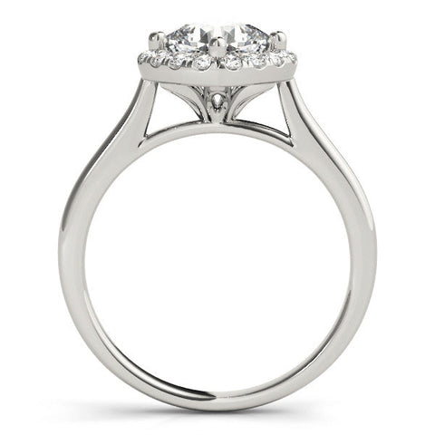 Platinum Cushion Halo Round Diamond Solitaire Engagement Ring with Pave Band and Four-Prong Setting