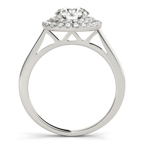 Platinum Double Halo Round Diamond Solitaire with Pavé Band and Four-Prong Setting