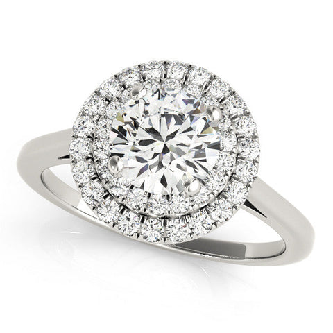 Platinum Double Halo Round Diamond Solitaire with Pavé Band and Four-Prong Setting