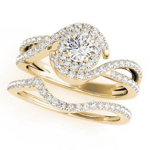 Yellow gold Round Halo Twist Band Solitaire Prong Setting