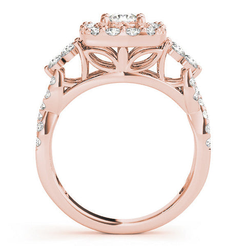Rose gold Halo Cushion Cut Diamond Ring with Pavé Band and Four-Prong Setting