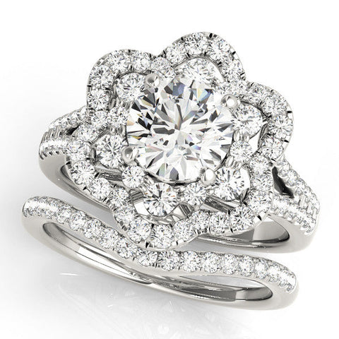 Platinum Round Brilliant Double Halo Floral Pave Split Shank Prong Setting Ring