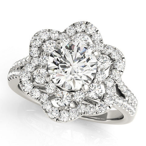 Platinum Round Brilliant Double Halo Floral Pave Split Shank Prong Setting Ring