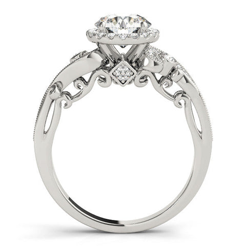 Platinum Round Halo Diamond Ring with Milgrain and Bezel Accents on a Split Shank Band