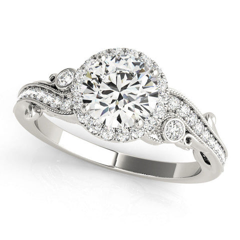 Platinum Round Halo Diamond Ring with Milgrain and Bezel Accents on a Split Shank Band