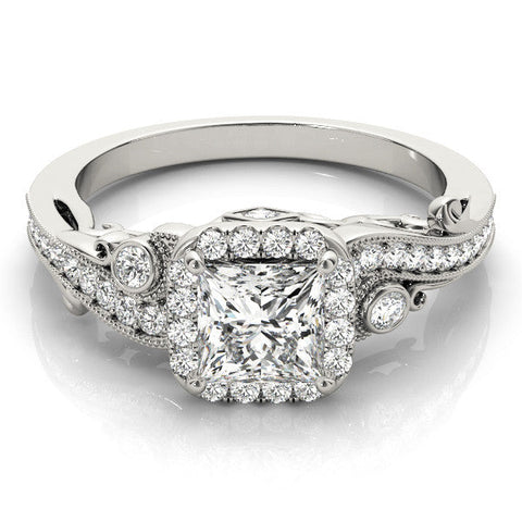 White gold Princess Cut Halo Diamond Ring with Milgrain Pave Band and Four-Prong Setting
