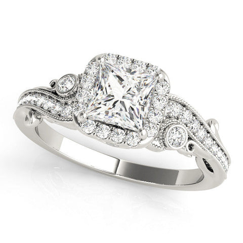 White gold Princess Cut Halo Diamond Ring with Milgrain Pave Band and Four-Prong Setting
