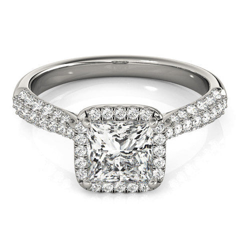 Platinum Princess Cut Halo Pave Band Four-Prong Setting Ring