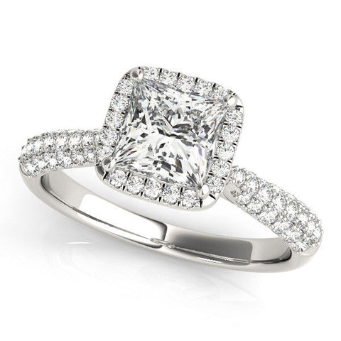 Platinum Princess Cut Halo Pave Band Four-Prong Setting Ring