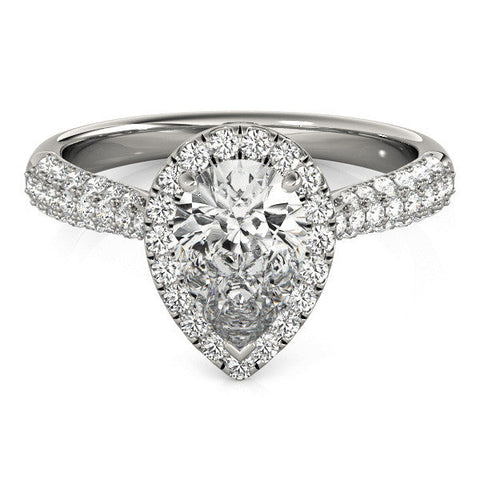 White gold Pear Halo Diamond Ring with Pave Band and Prong Setting