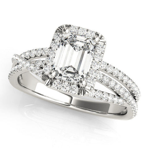 Platinum Emerald Cut Halo Split Shank Prong Setting Ring