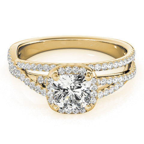 Yellow gold Cushion Cut Halo Split Shank Diamond Ring with Four-Prong Setting