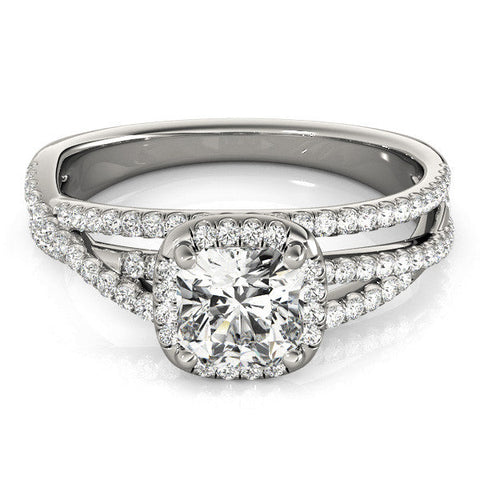 White gold Cushion Cut Halo Split Shank Diamond Ring with Four-Prong Setting