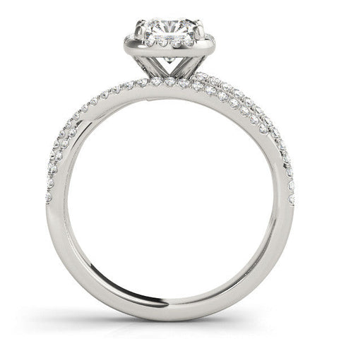 Platinum Cushion Cut Halo Split Shank Diamond Ring with Four-Prong Setting