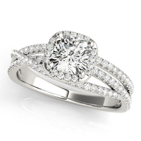 Platinum Cushion Cut Halo Split Shank Diamond Ring with Four-Prong Setting