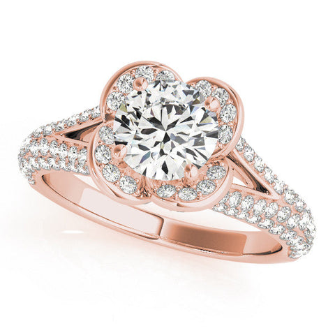Rose gold Round Halo Floral Diamond Engagement Ring with Pave Split Shank and Four-Prong Setting