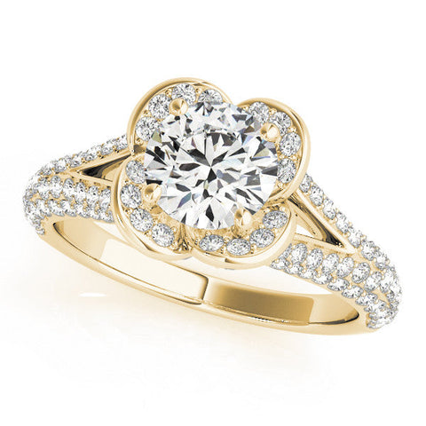 Yellow gold Round Halo Floral Diamond Engagement Ring with Pave Split Shank and Four-Prong Setting