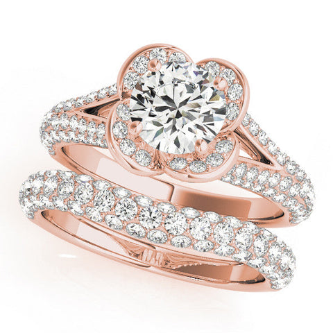 Rose gold Round Halo Floral Diamond Engagement Ring with Pave Split Shank and Four-Prong Setting