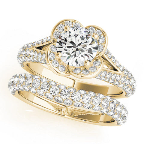 Yellow gold Round Halo Floral Diamond Engagement Ring with Pave Split Shank and Four-Prong Setting