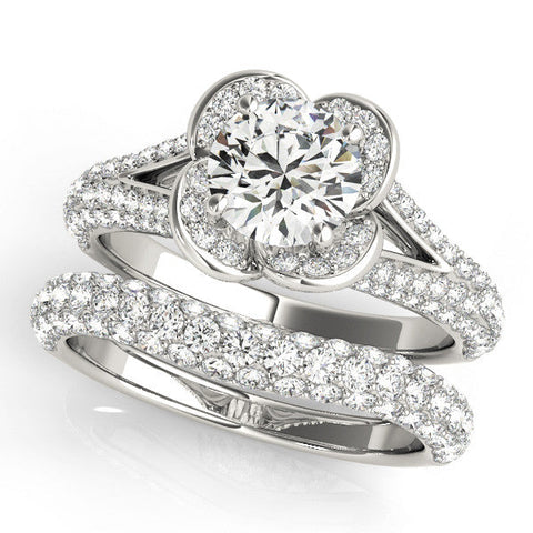 Platinum Round Halo Floral Diamond Engagement Ring with Pave Split Shank and Four-Prong Setting