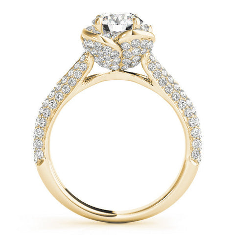 Yellow gold Round Halo Floral Diamond Engagement Ring with Pave Split Shank and Four-Prong Setting