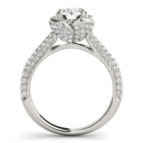 Platinum Round Halo Floral Diamond Engagement Ring with Pave Split Shank and Four-Prong Setting
