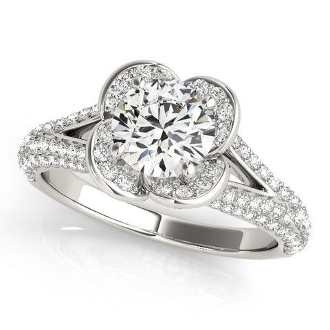 Platinum Round Halo Floral Diamond Engagement Ring with Pave Split Shank and Four-Prong Setting