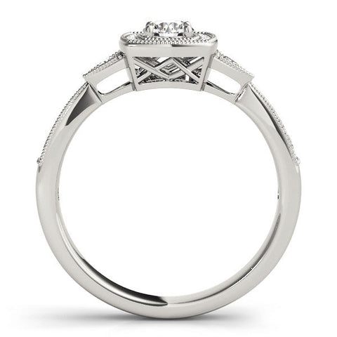 Platinum Cushion Halo Round Diamond Milgrain Pave Engagement Ring