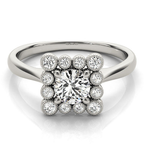 White gold Round Halo Diamond Cluster Engagement Ring with Milgrain Bezel Setting and Solitaire Band