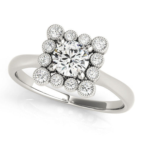 Platinum Round Halo Diamond Cluster Engagement Ring with Milgrain Bezel Setting and Solitaire Band