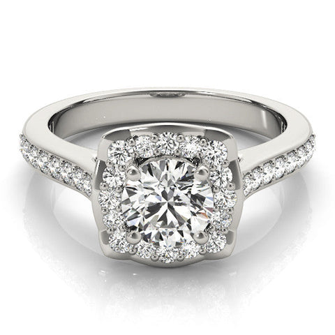Platinum Cushion Halo Round Diamond Pave Band with Four-Prong Setting