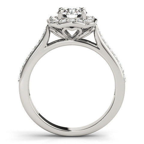 Platinum Cushion Halo Round Diamond Pave Band with Four-Prong Setting