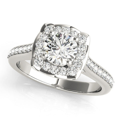 Platinum Cushion Halo Round Diamond Pave Band with Four-Prong Setting